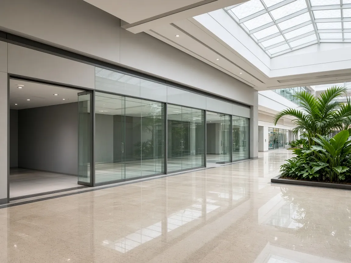 Empty glass-fronted retail lots inside a shopping mall podium