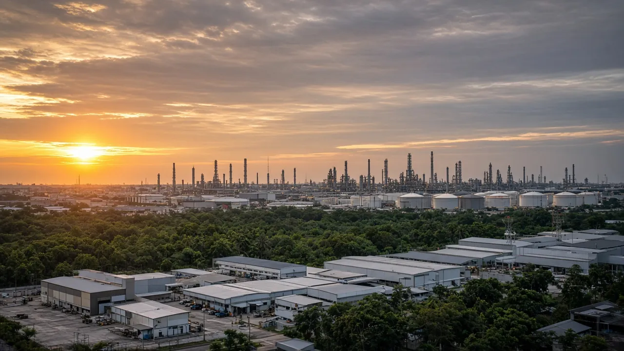 Estet industri ringan di hadapan, loji industri berat di kejauhan dengan zon penampan hijau