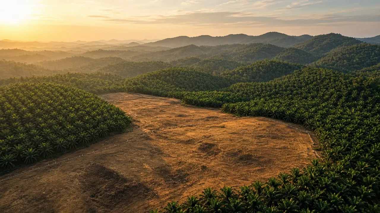 Pemandangan udara tanah yang telah dibersihkan di sebelah ladang kelapa sawit
